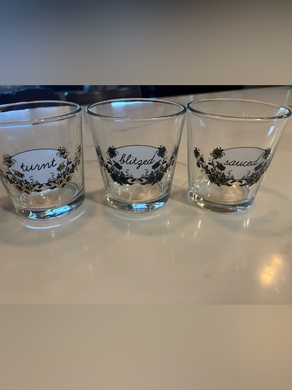 Set of 3 Clear cocktail tumblers with Script Labels - Turnt, Blitzed, Sauced